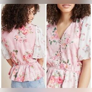 Hemant & Nandita for Anthropologie— Floral Pink Peplum top— Size Large